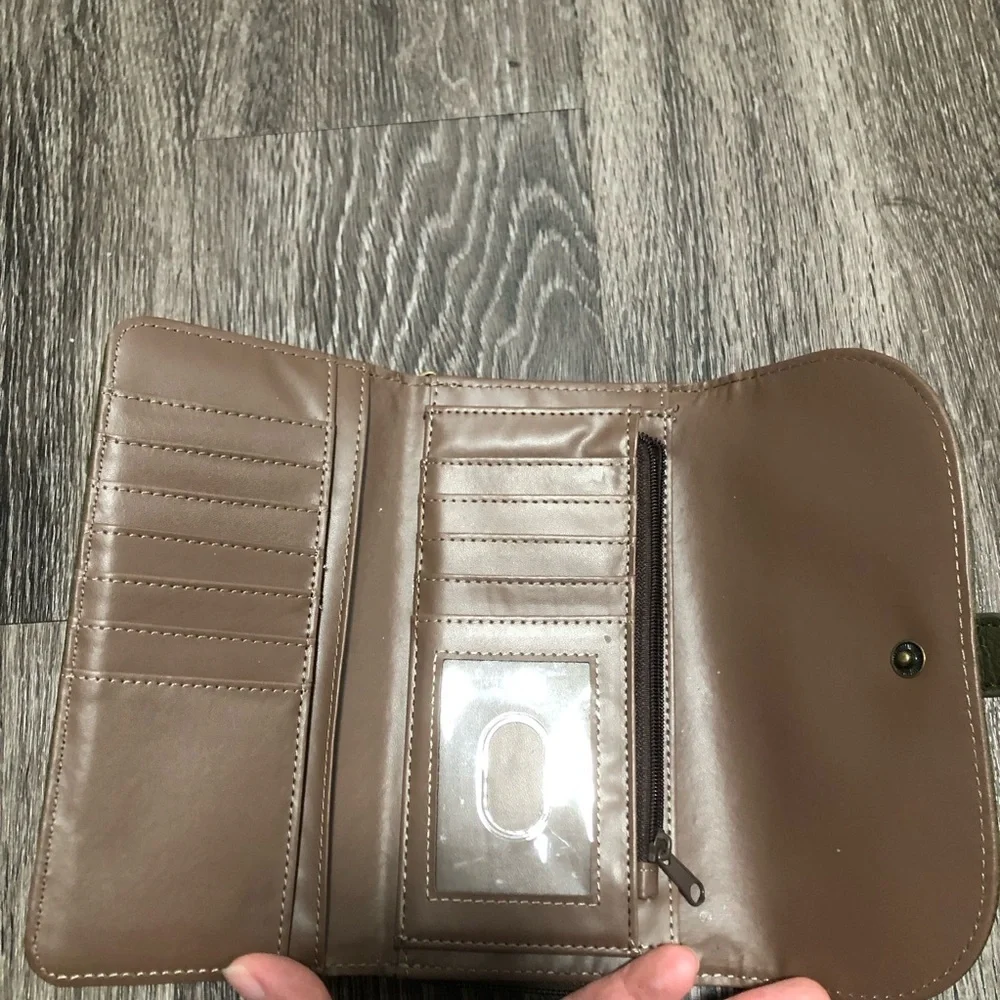 b.o.c. Born Concept OliveGreen Vegan Leather Whipstitch Trifold Organizer Wallet